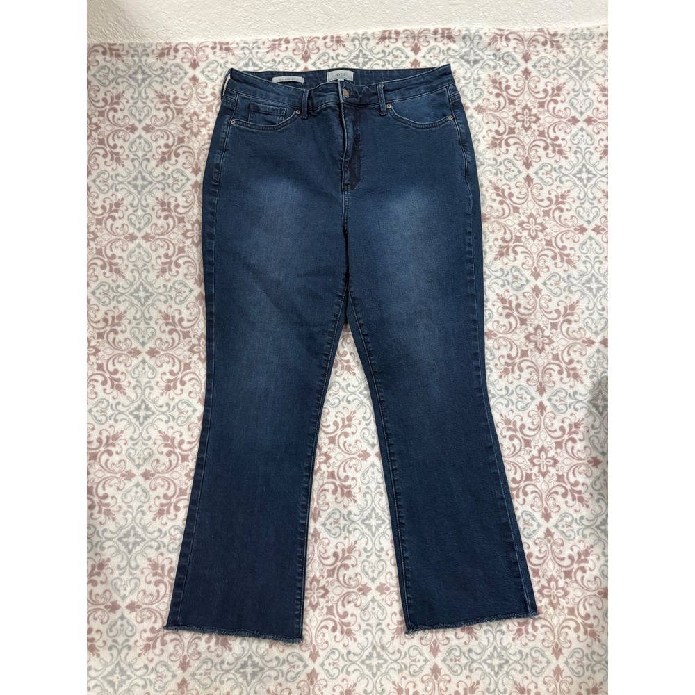NYDJ Slim Bootcut Jeans Womens 12 Dark Wash Lift Tuck Raw Hem Stretch Blue